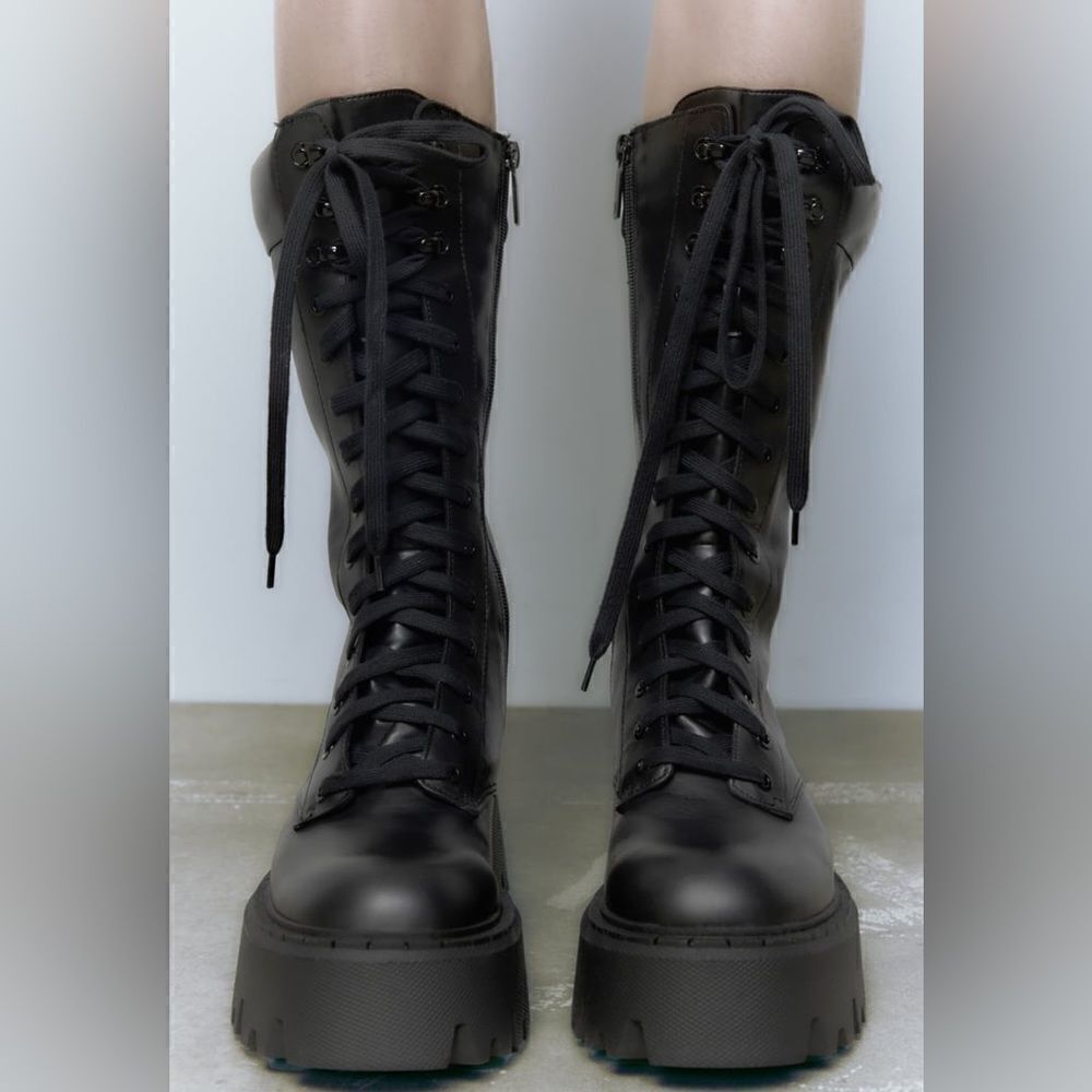 Zara LACED LEATHER BOOTS WITH TREADED SOLES - Picture 6 of 9